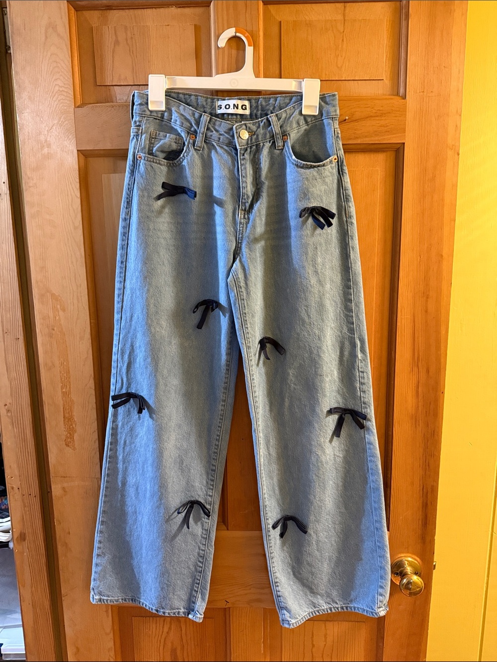 SONG Light Blue Wide-Leg Jeans with Navy Bow Accents